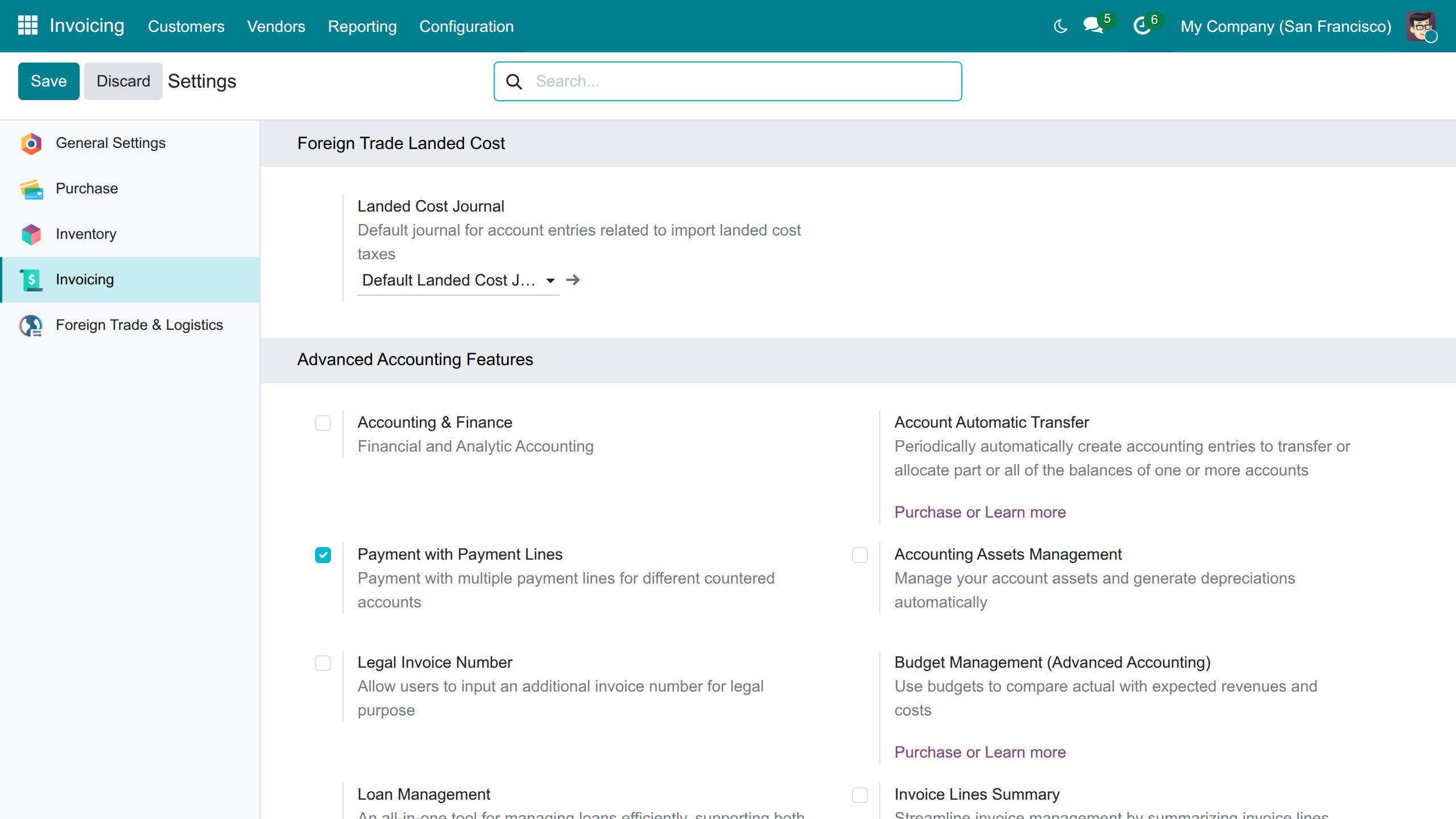 Landed cost journal in the Invoicing settings