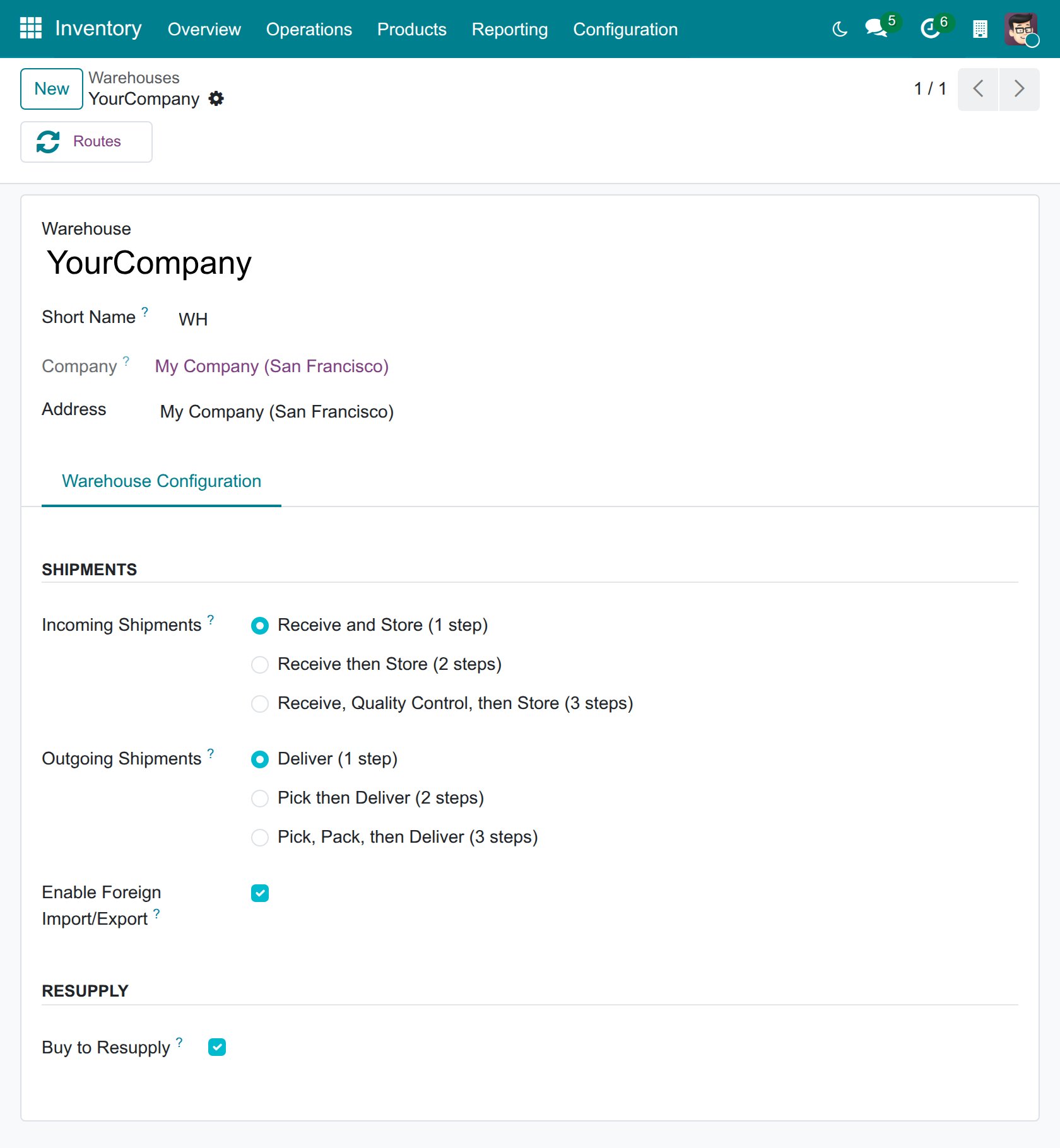 Enable Foreign Import/Export on the warehouse form