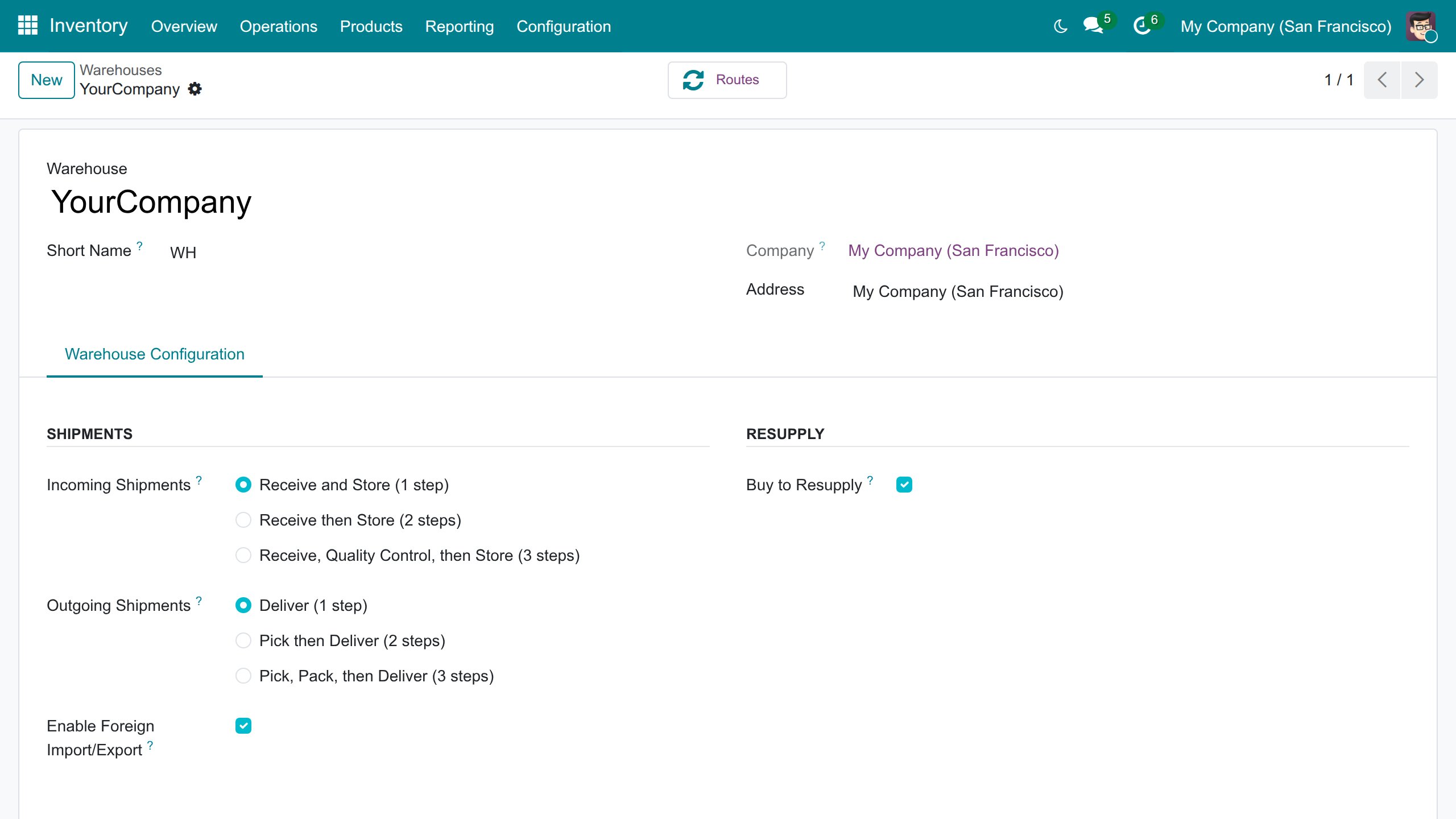 Enable Foreign Import/Export on the warehouse