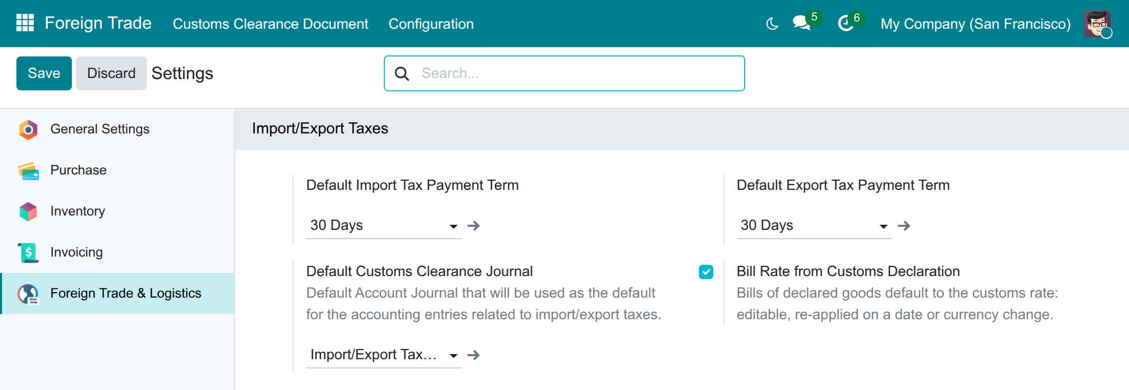 The option Bill Rate from Customs Declaration in the Foreign Trade settings