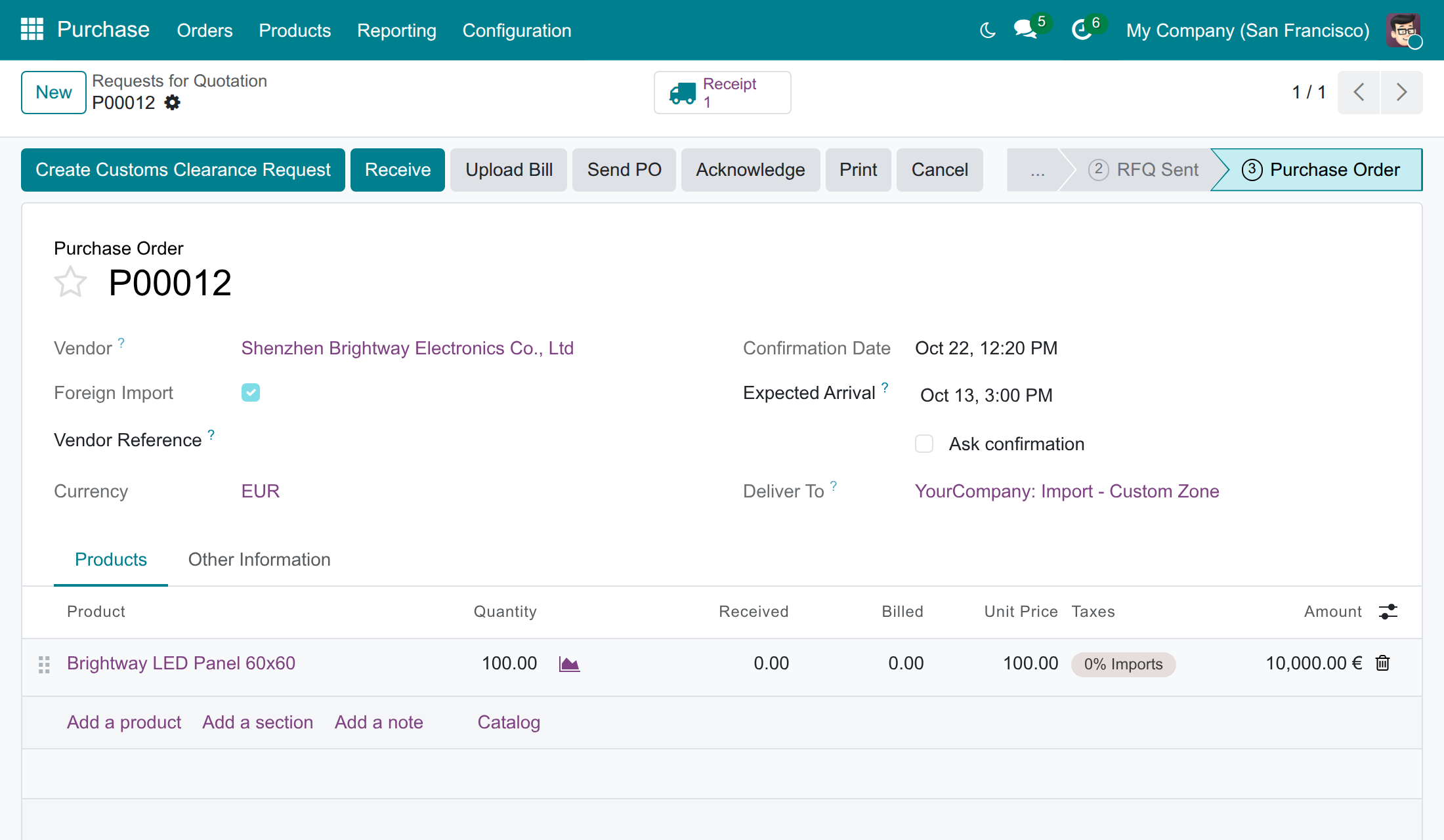 A confirmed foreign import order with the button Create Customs Clearance Request