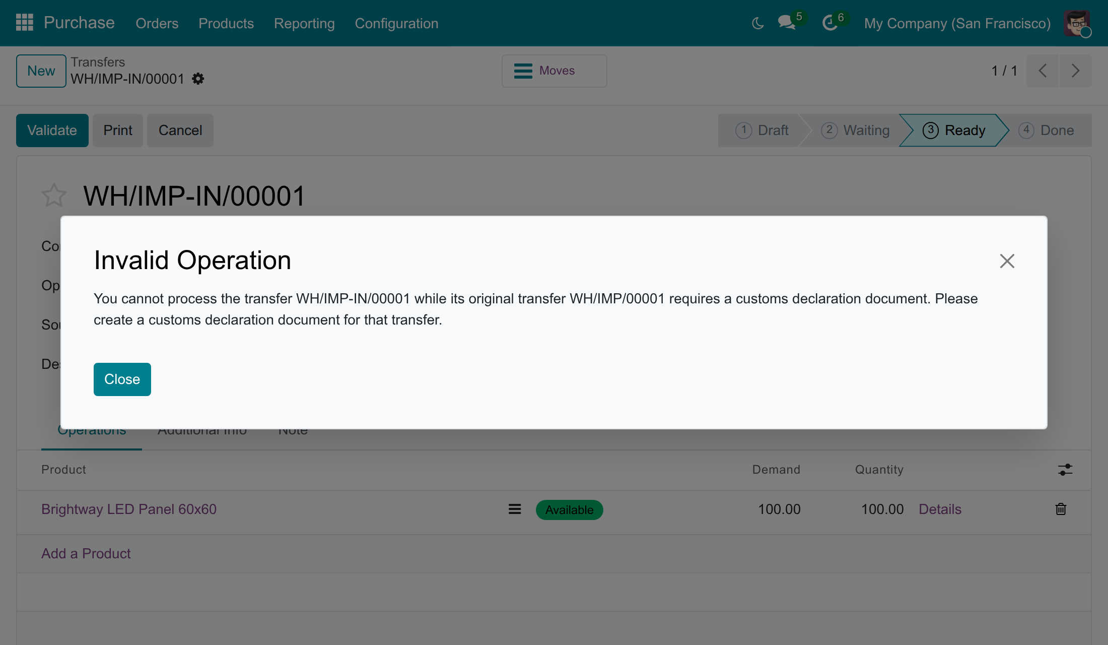 The message shown when the transfer out of the customs zone is validated before the declaration is confirmed