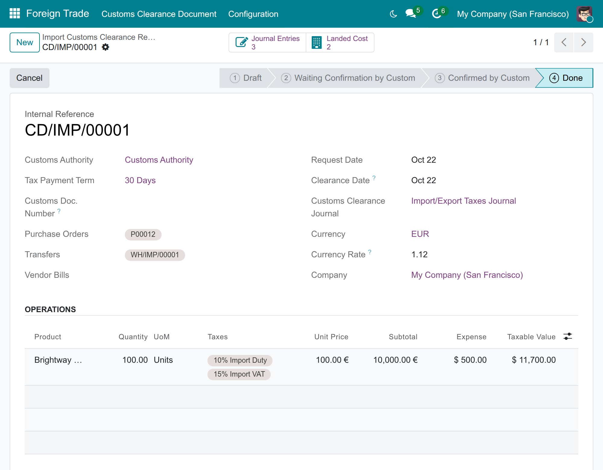 Foreign Trade Import, Logistics: a cleared import declaration with its journal entries and landed costs
