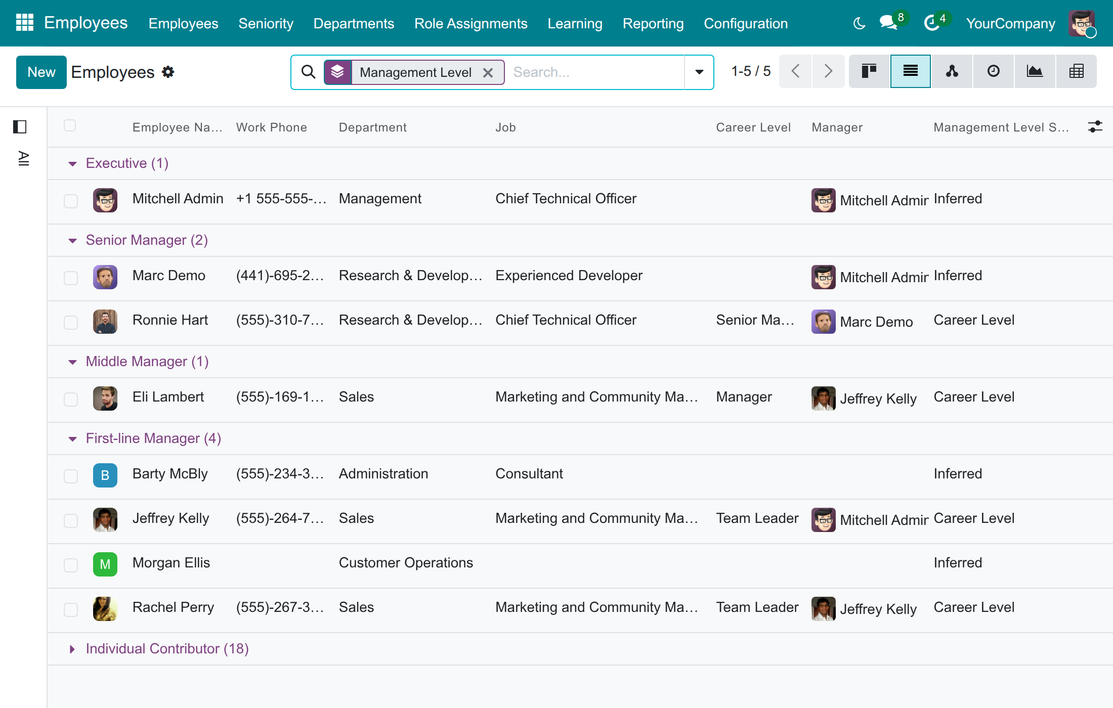 Employees grouped by management level, with the source of each level