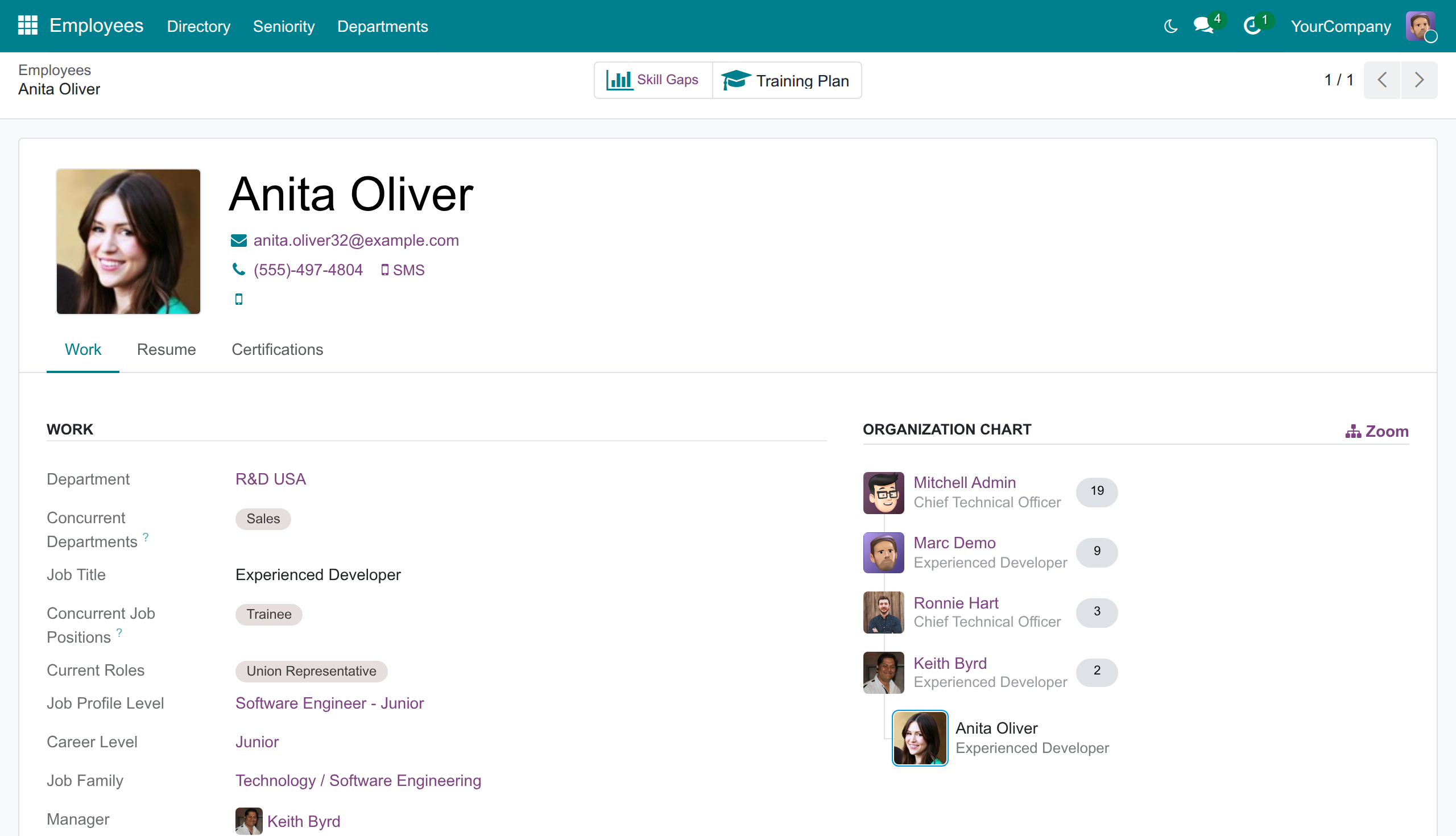 The profile of a colleague with concurrent departments and job positions