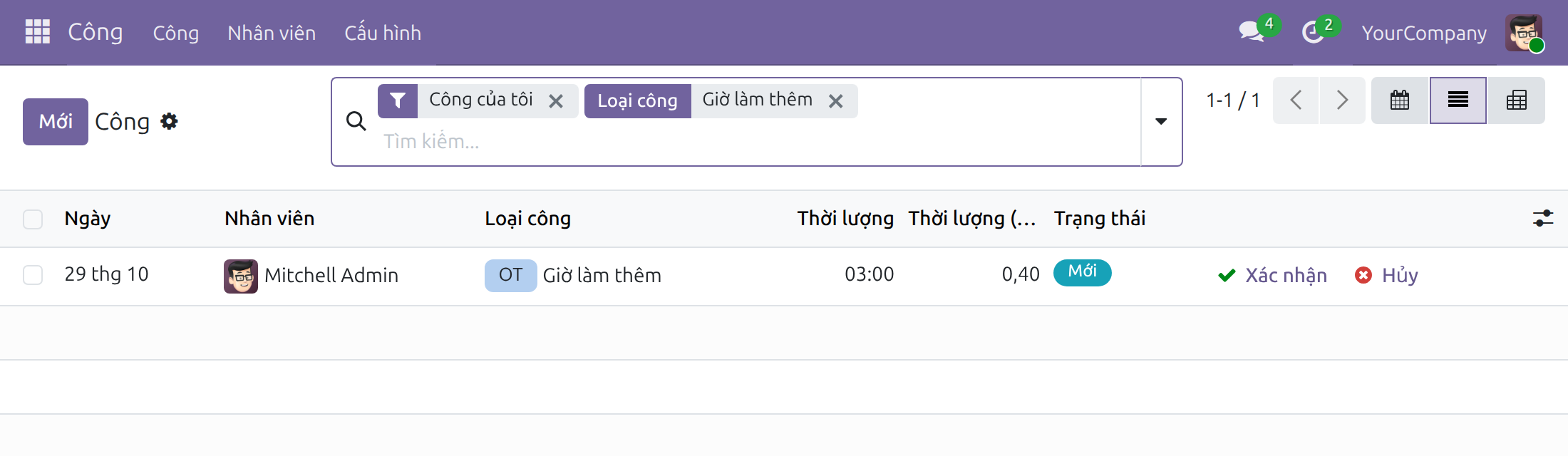 Giờ tăng ca thành bản ghi công