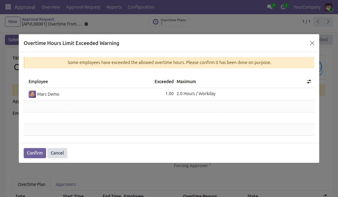 Overtime hours limit exceeded warning