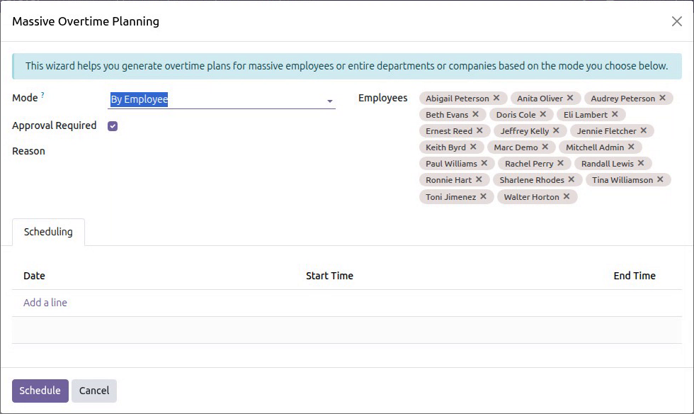 Mass overtime planning with the Approval Required option