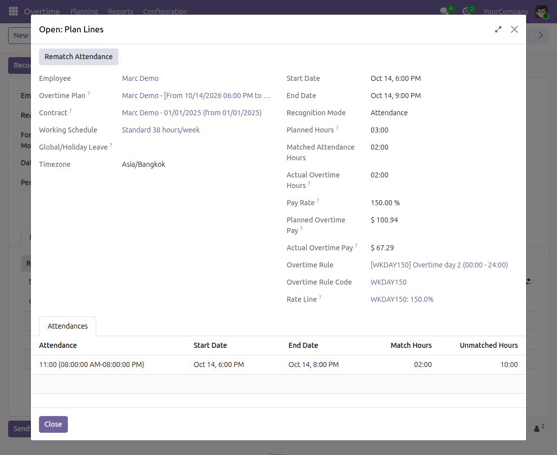 Plan line with the Attendances tab