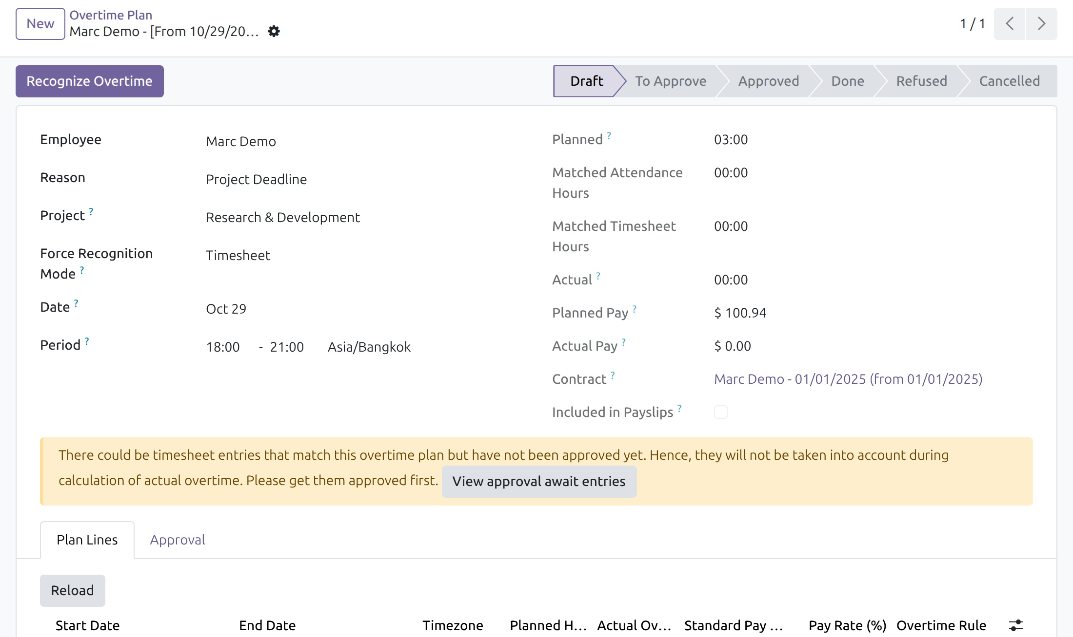 An overtime plan with a warning about timesheets not approved yet