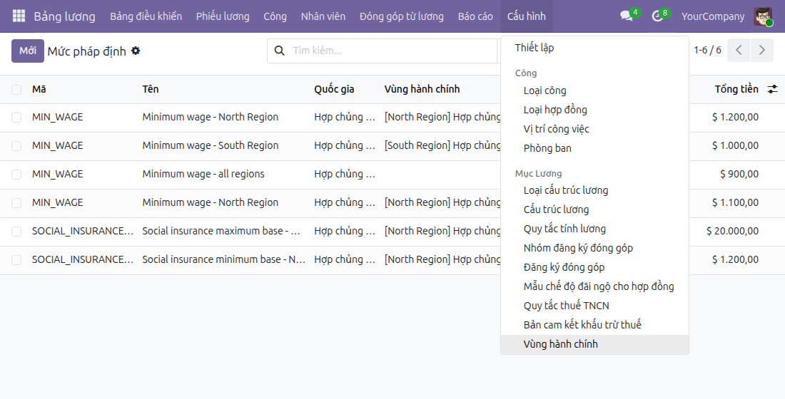 Mục Vùng hành chính trong menu Cấu hình của ứng dụng Bảng lương