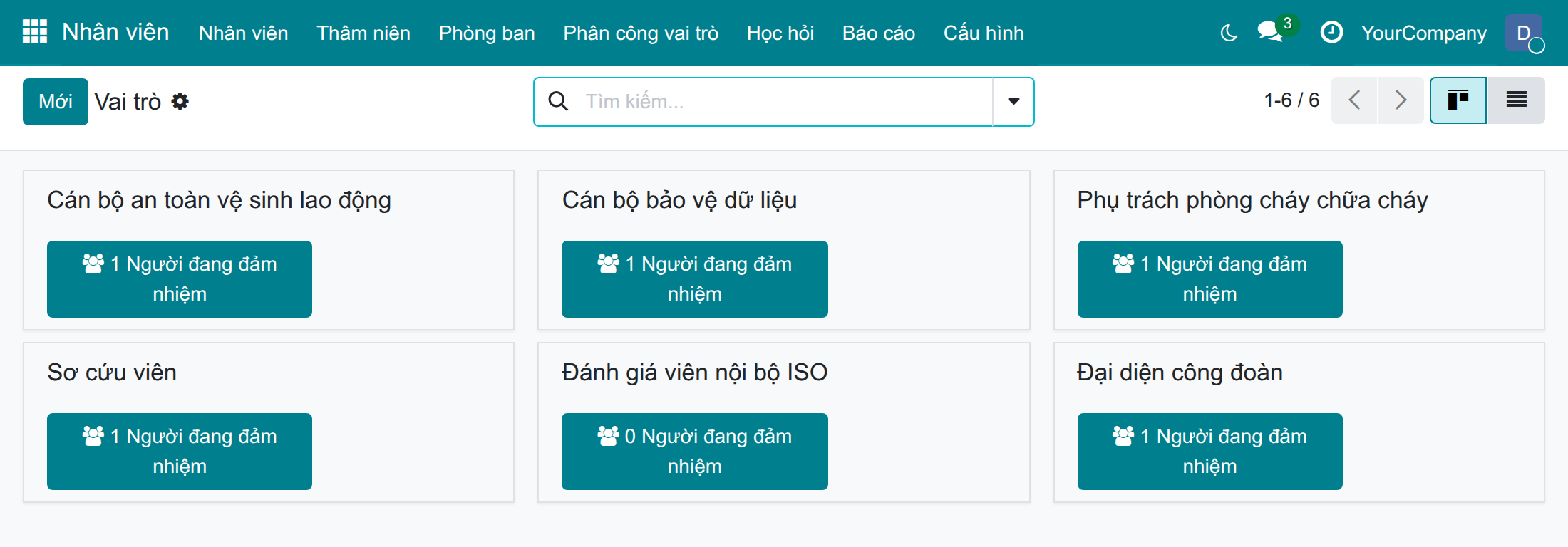 Vai trò & Trách nhiệm nhân viên: danh mục vai trò kèm số người đang đảm nhiệm