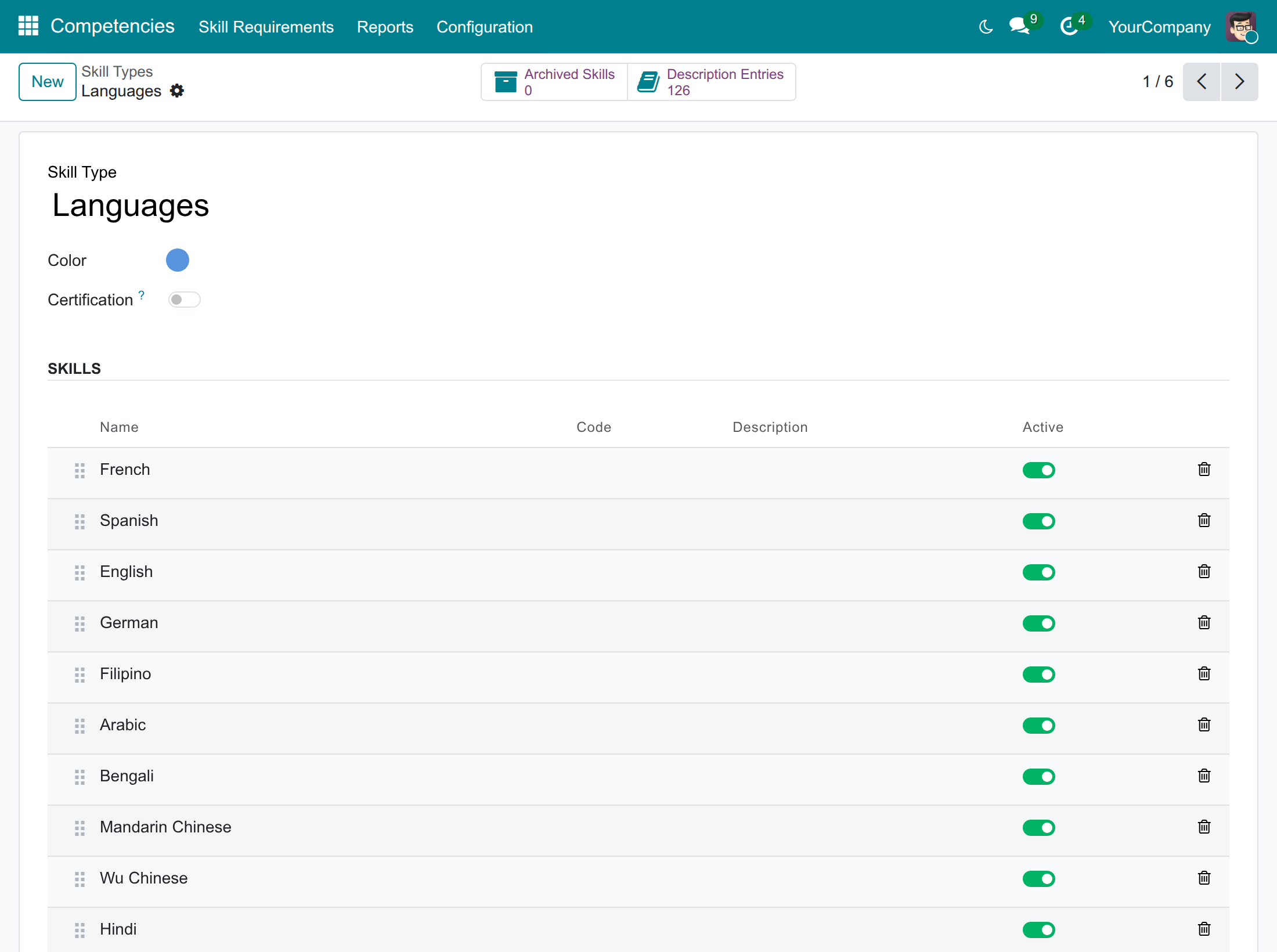 A skill type with its skills, the Archived Skills button and the Description Entries button