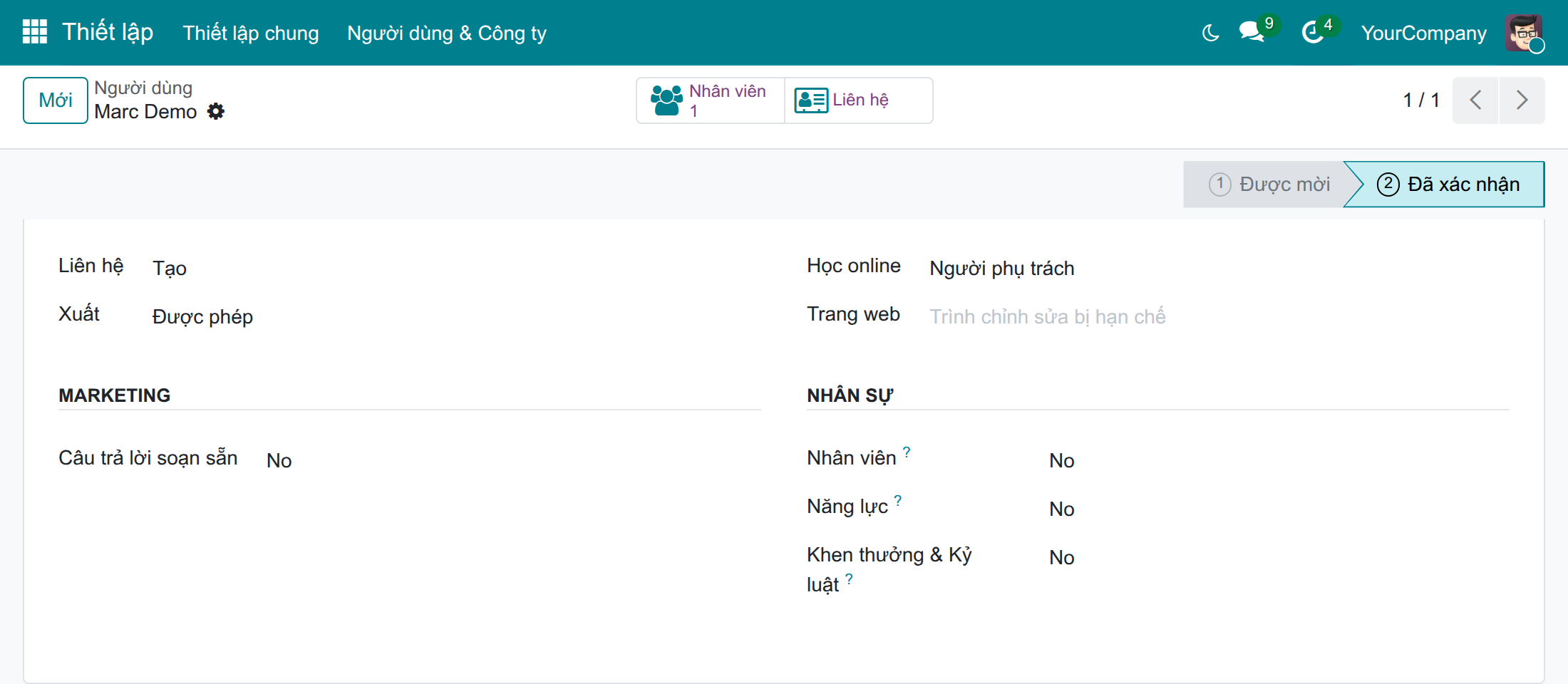 Mục Nhân sự trong quyền truy cập của một người dùng, với dòng Năng lực