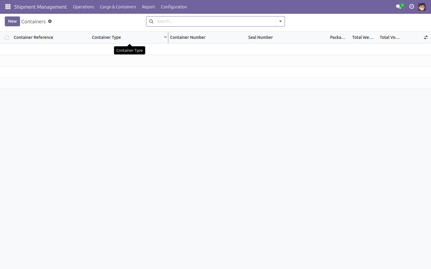 Màn hình Containers liệt kê thiết bị container trên tất cả các shipment