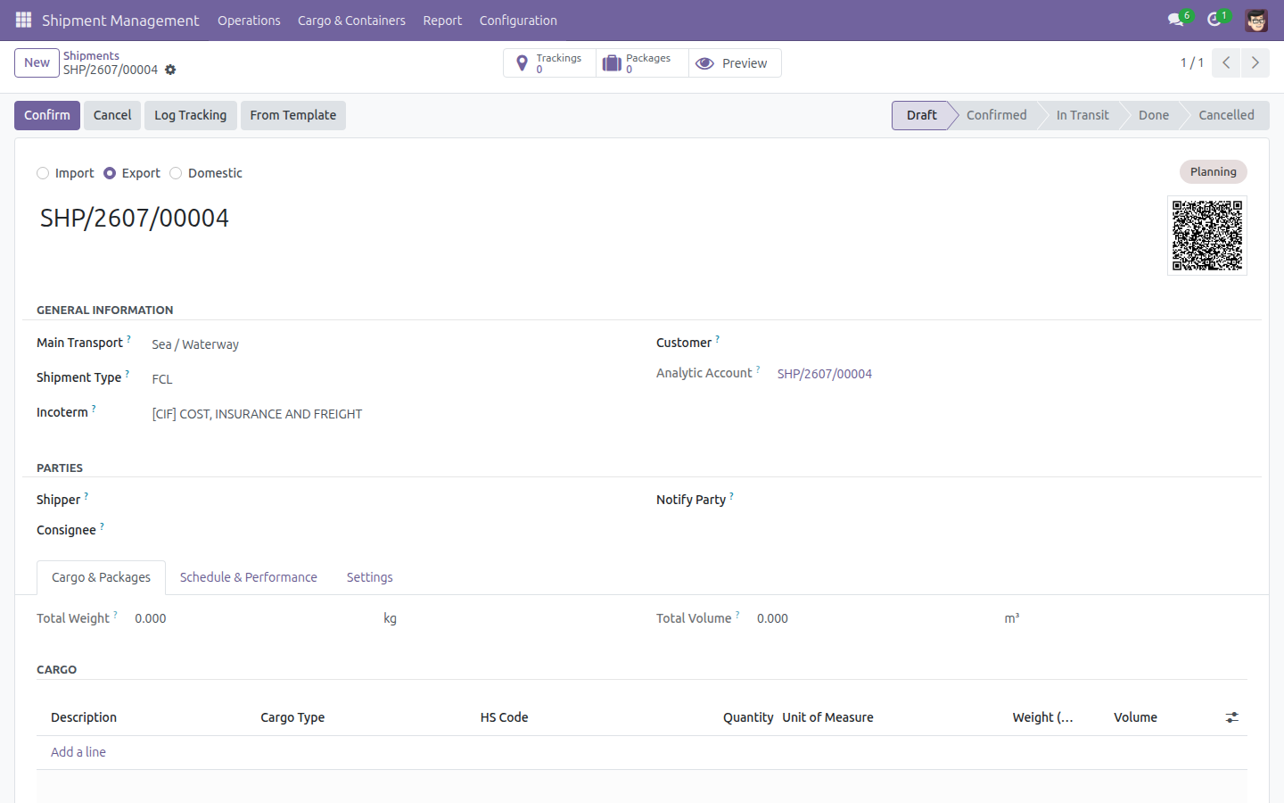 Shipment form showing the auto-generated Analytic Account and selected Incoterm