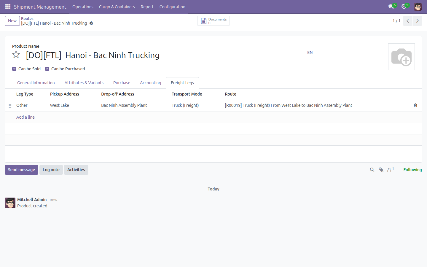 Sản phẩm Freight Service vừa tạo với tab Freight Legs đã điền sẵn