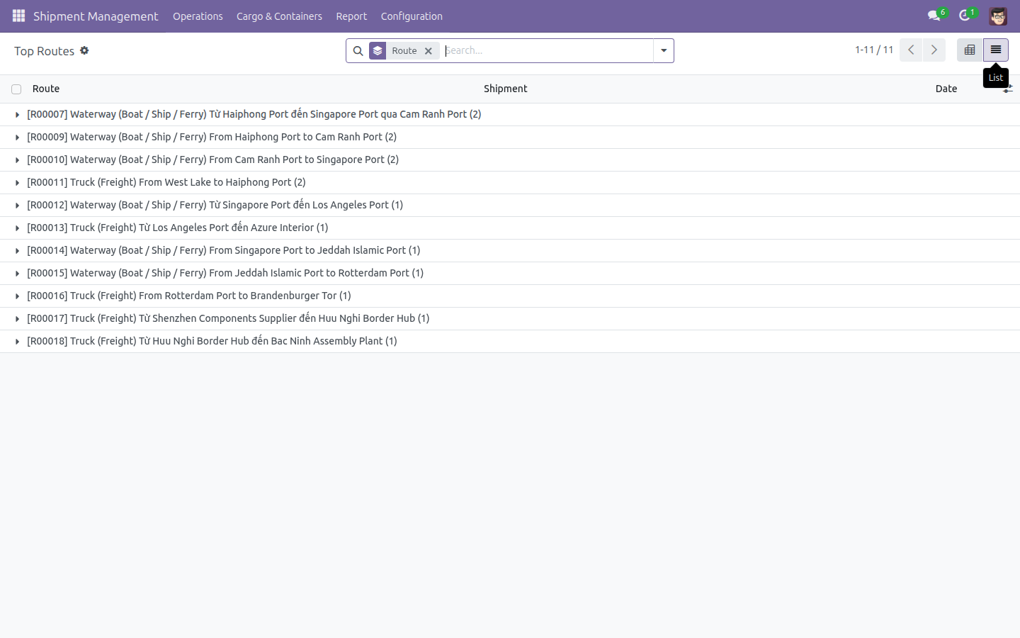 The Shipment Routes report in list view