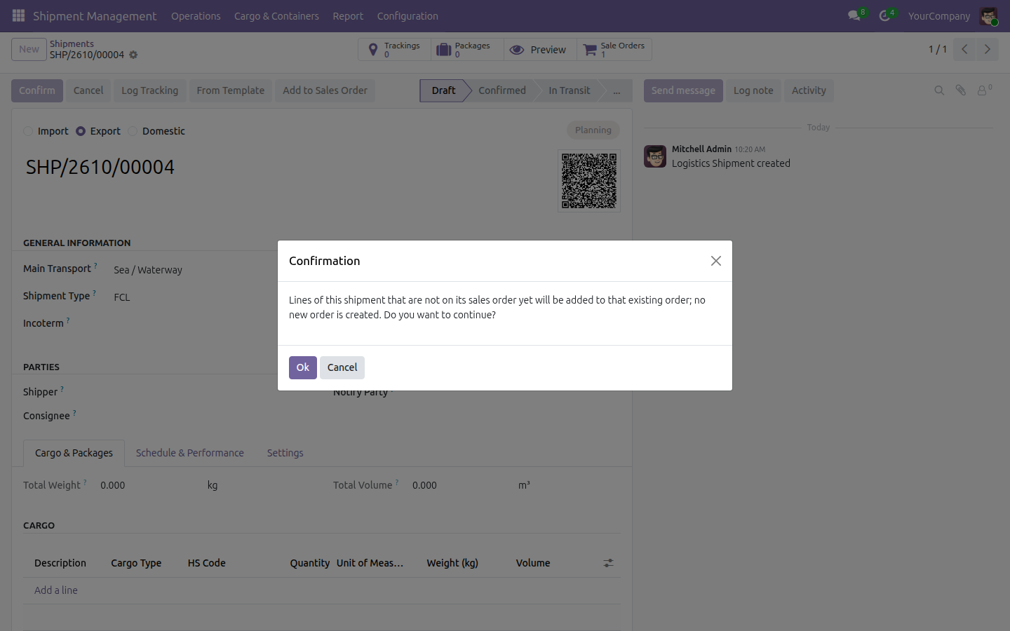 A shipment already linked to an order, with the Add to Sales Order button and its confirmation message