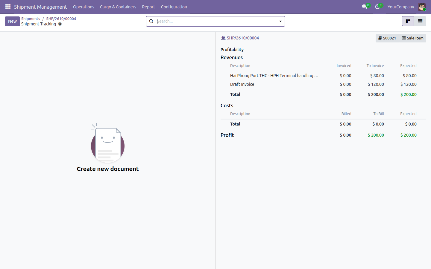 The Profitability panel on the right of the Shipment Tracking screen, listing an order line and a draft invoice as revenue