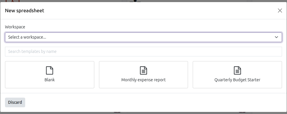 Gallery Bảng tính mới mở từ Documents, Mới, Bảng tính, cho thấy ô Trống cùng hai mẫu Monthly expense report và Quarterly Budget Starter.