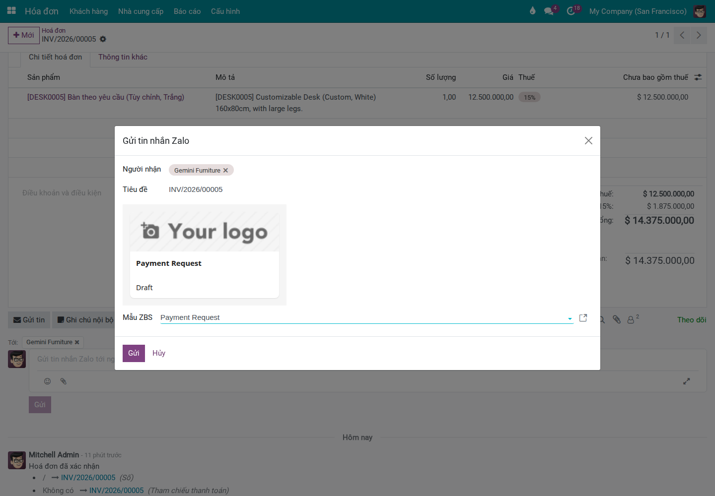 Compose dialog with the ZBS Payment Request template