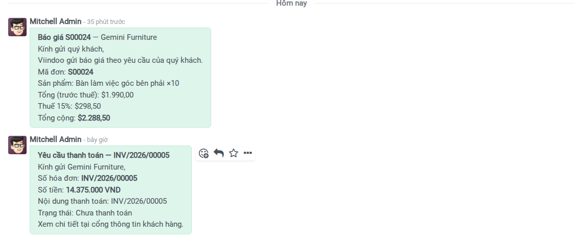 Payment request received in the customer's Zalo chat