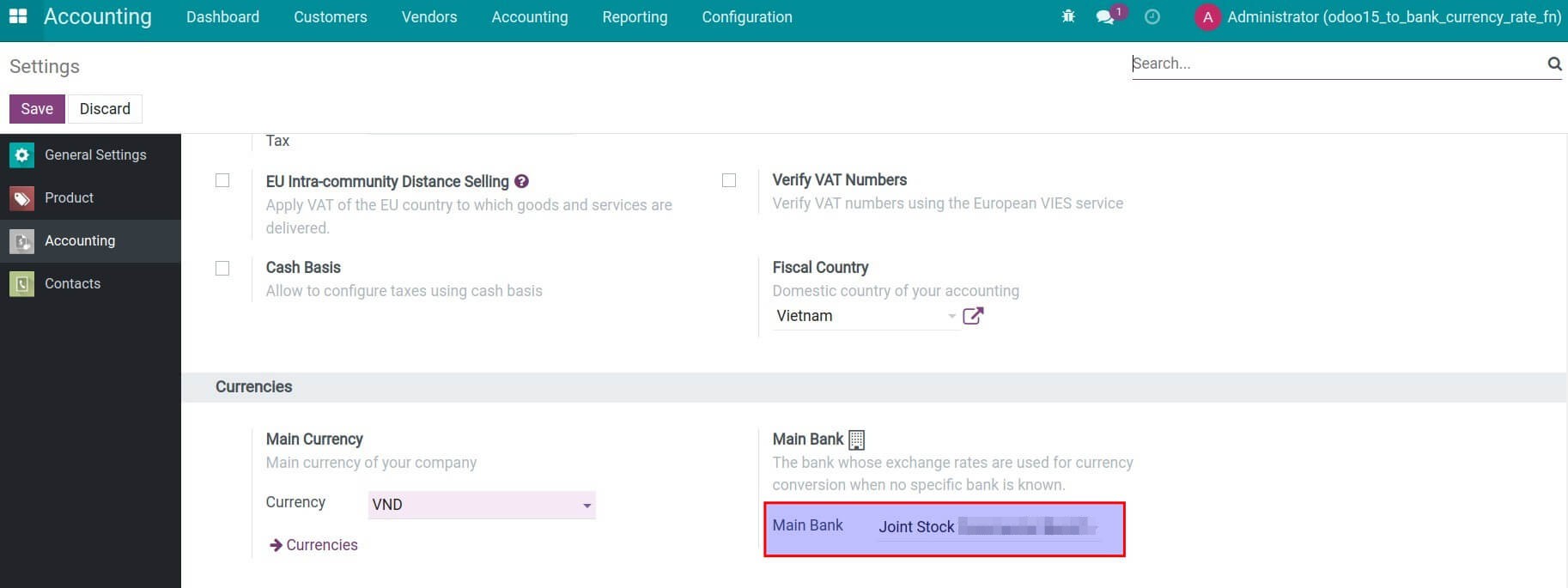 Configure the main bank account in the Viindoo system