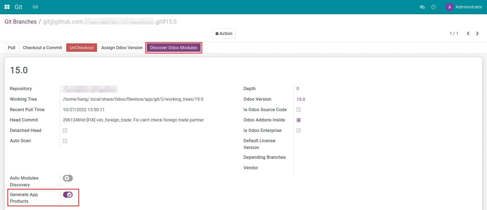 Search for Odoo modules from the git branch
