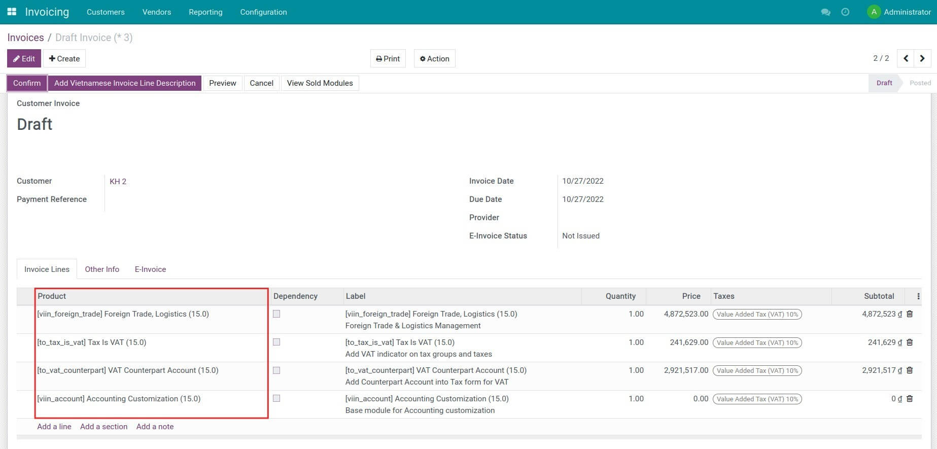 Create an invoice for the sold module