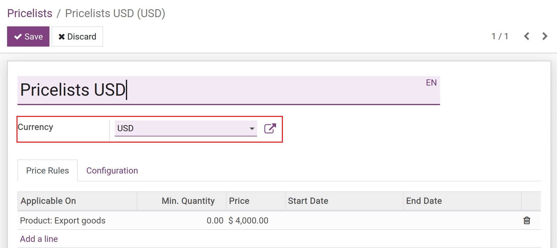 Set up currency on the export pricelist