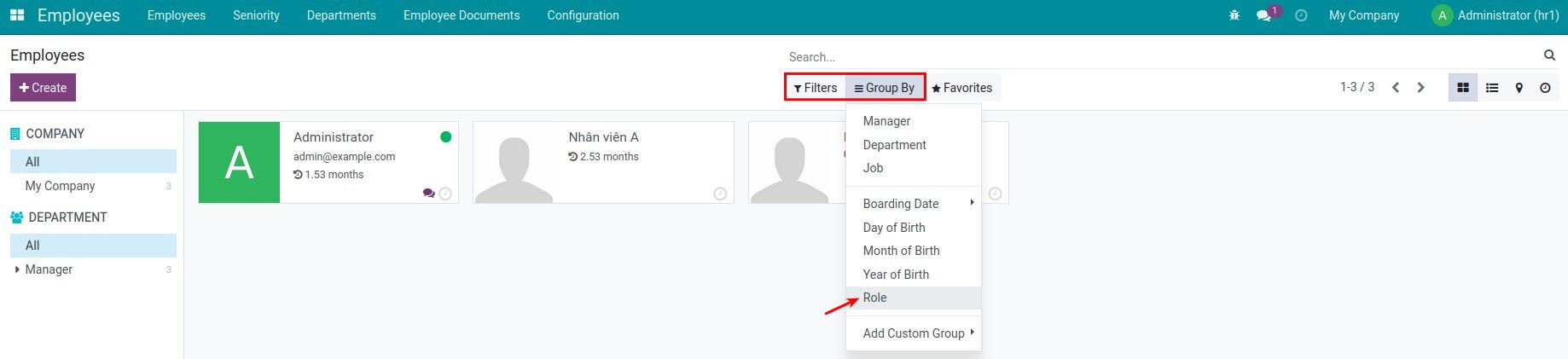 Search, filter/group employees by roles