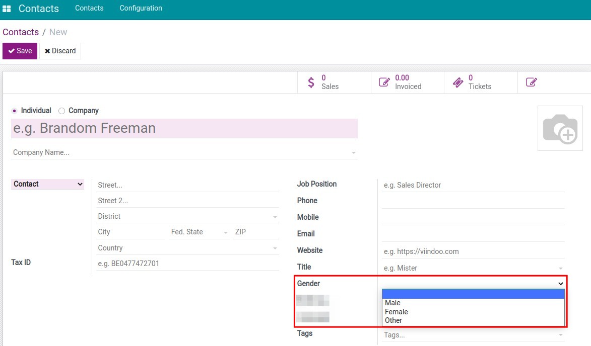 Add a gender field on the new partner creation view in Viindoo.