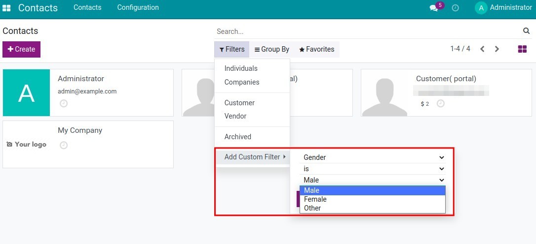 Add Custom filter by *Gender* on the Contacts app in Viindoo.