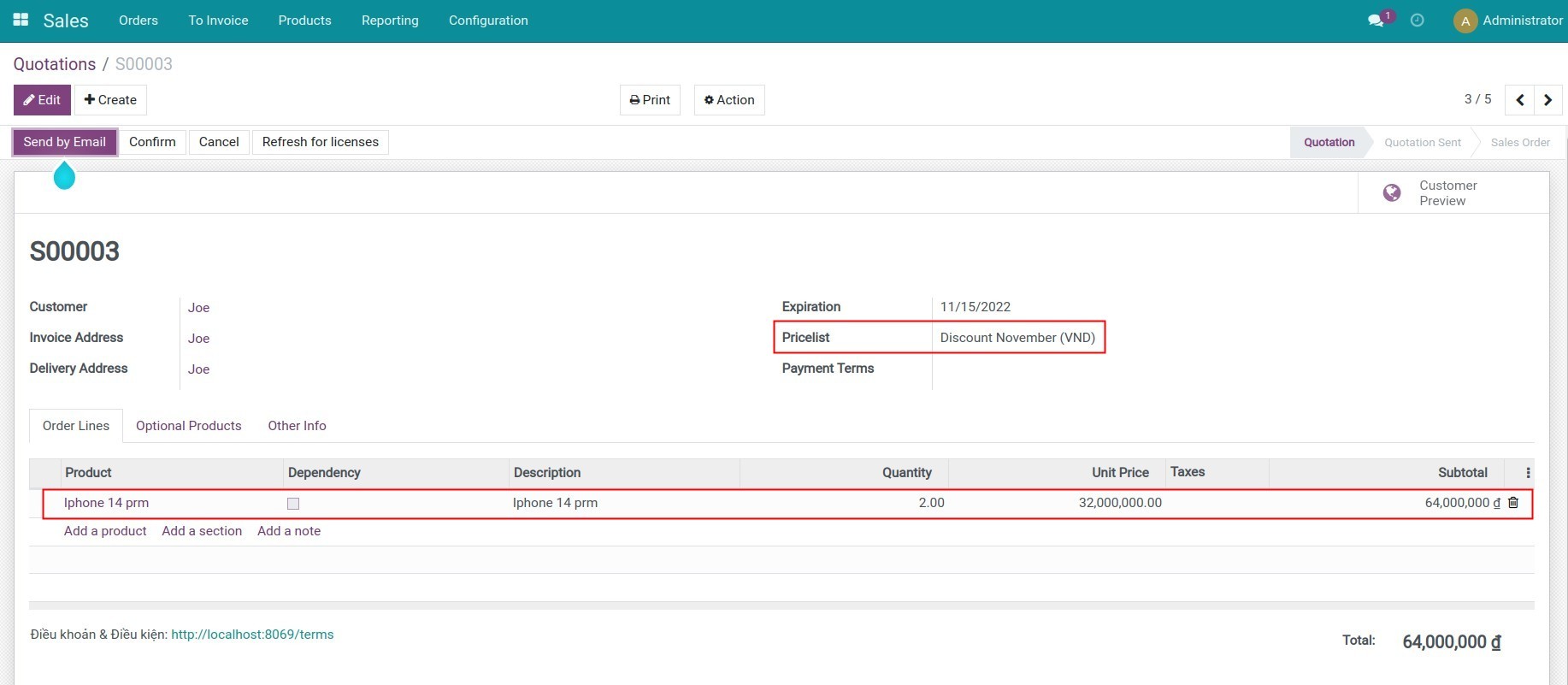 Apply pricelists to sales quotations or sales orders