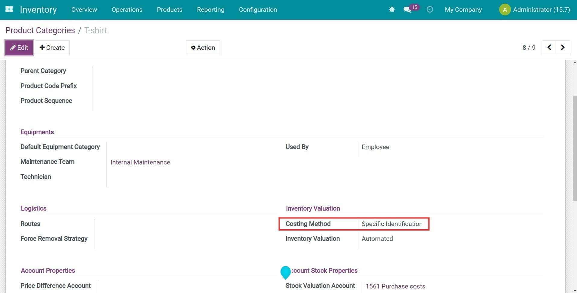 Configure costing method on product category