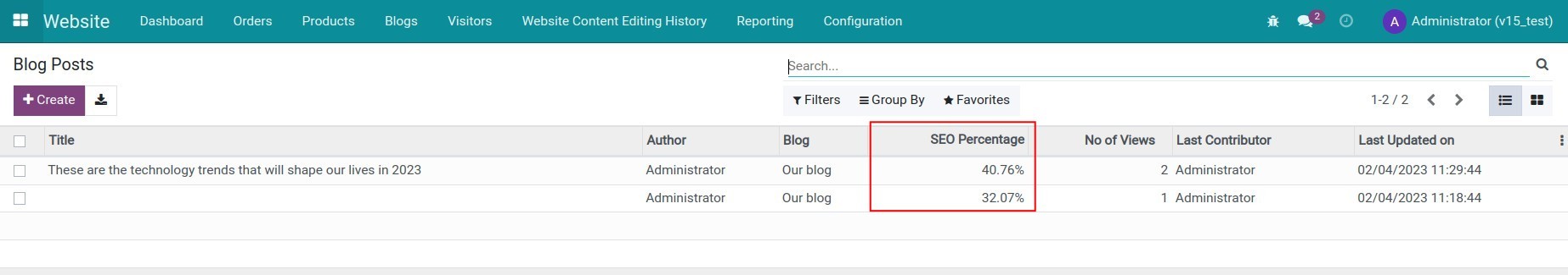 SEO Percentage information added to the Blog Posts view