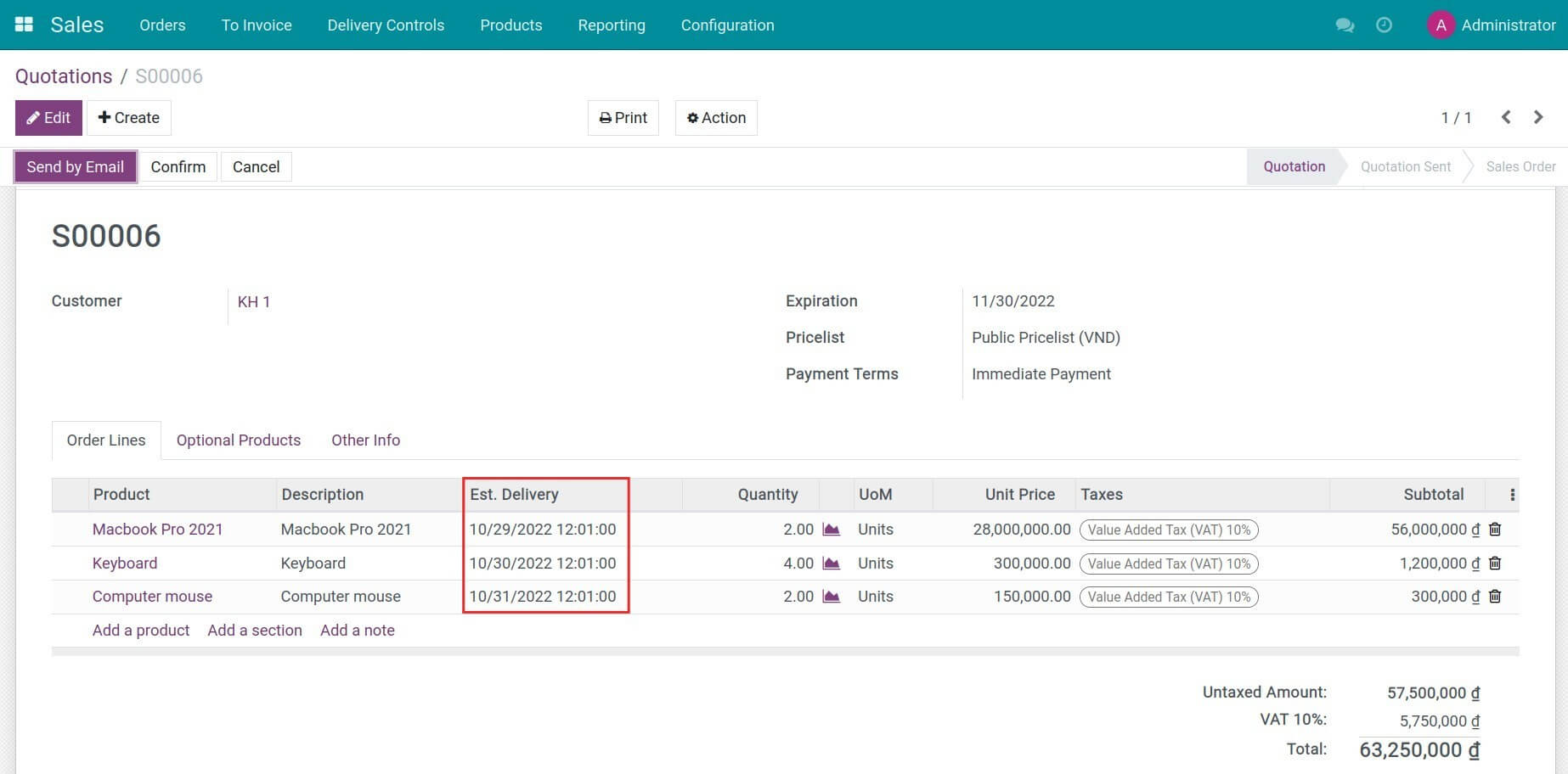 Create a sales order for a storable product