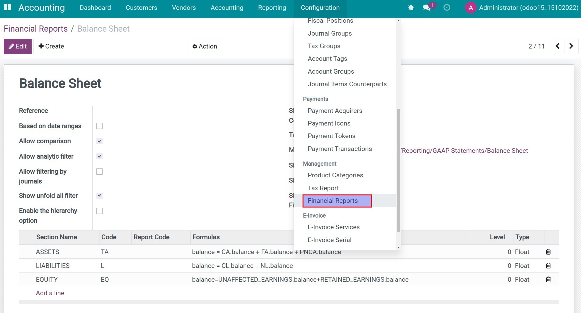 Configuration of financial reports