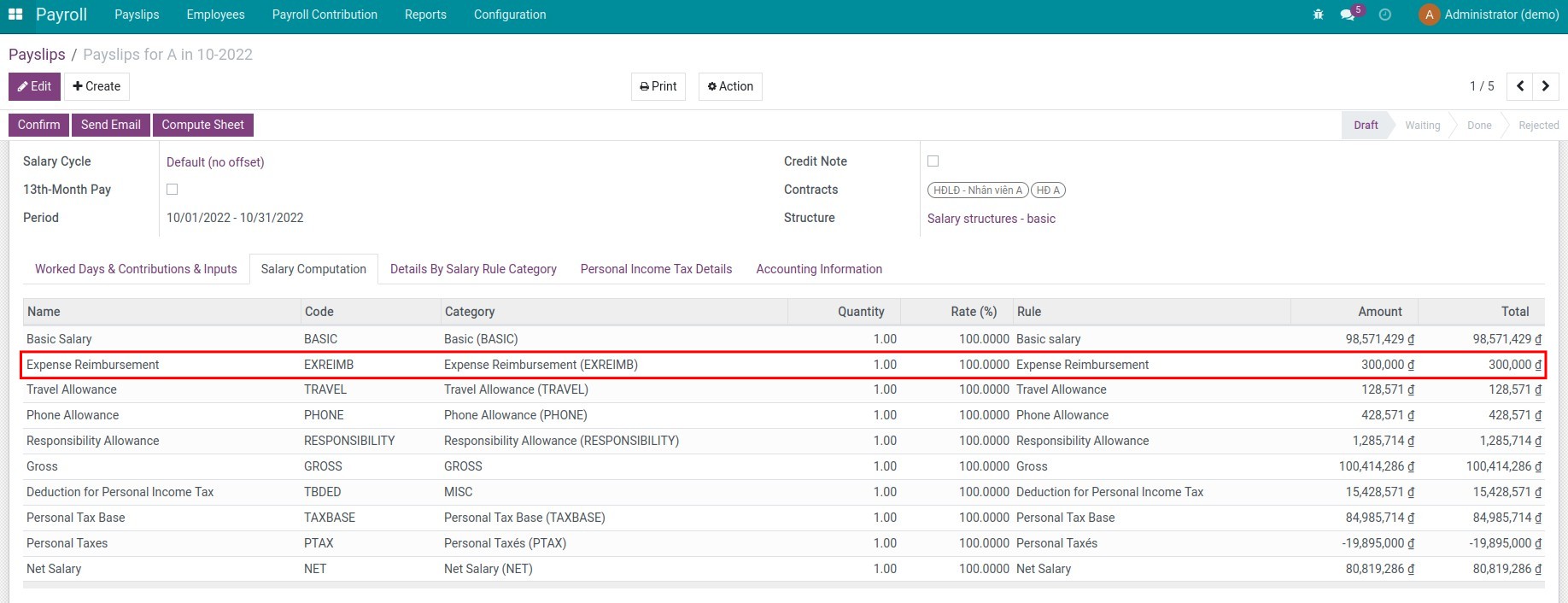 Employee reimbursement amount on payslip