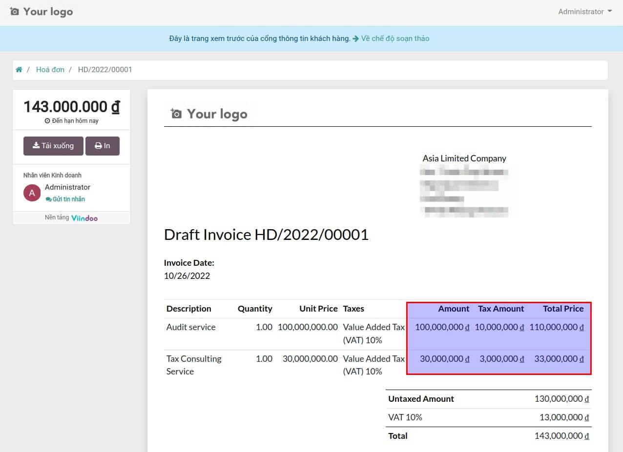 Invoice in PDF format with tax details