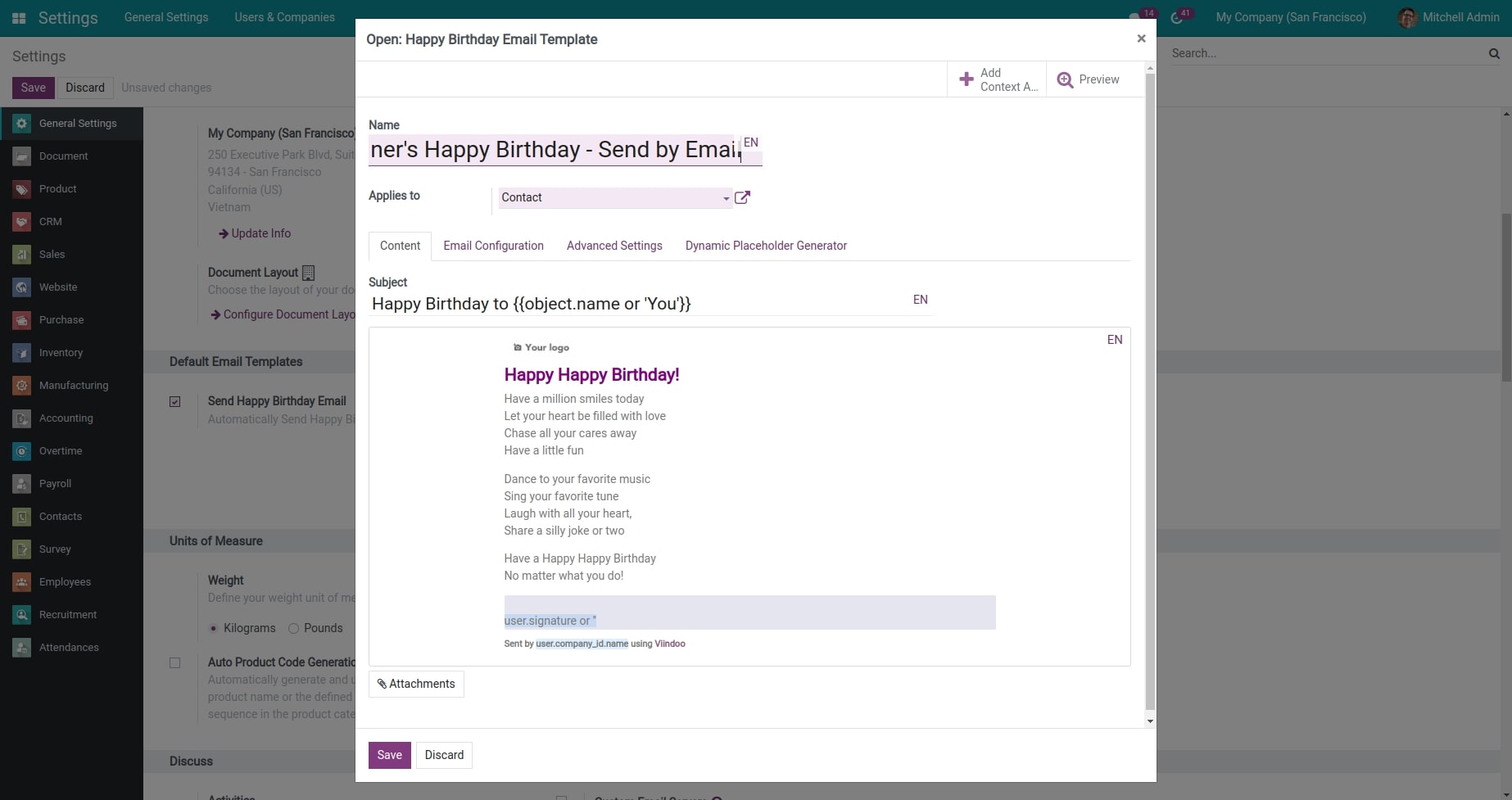 Configure happy birthday mail template