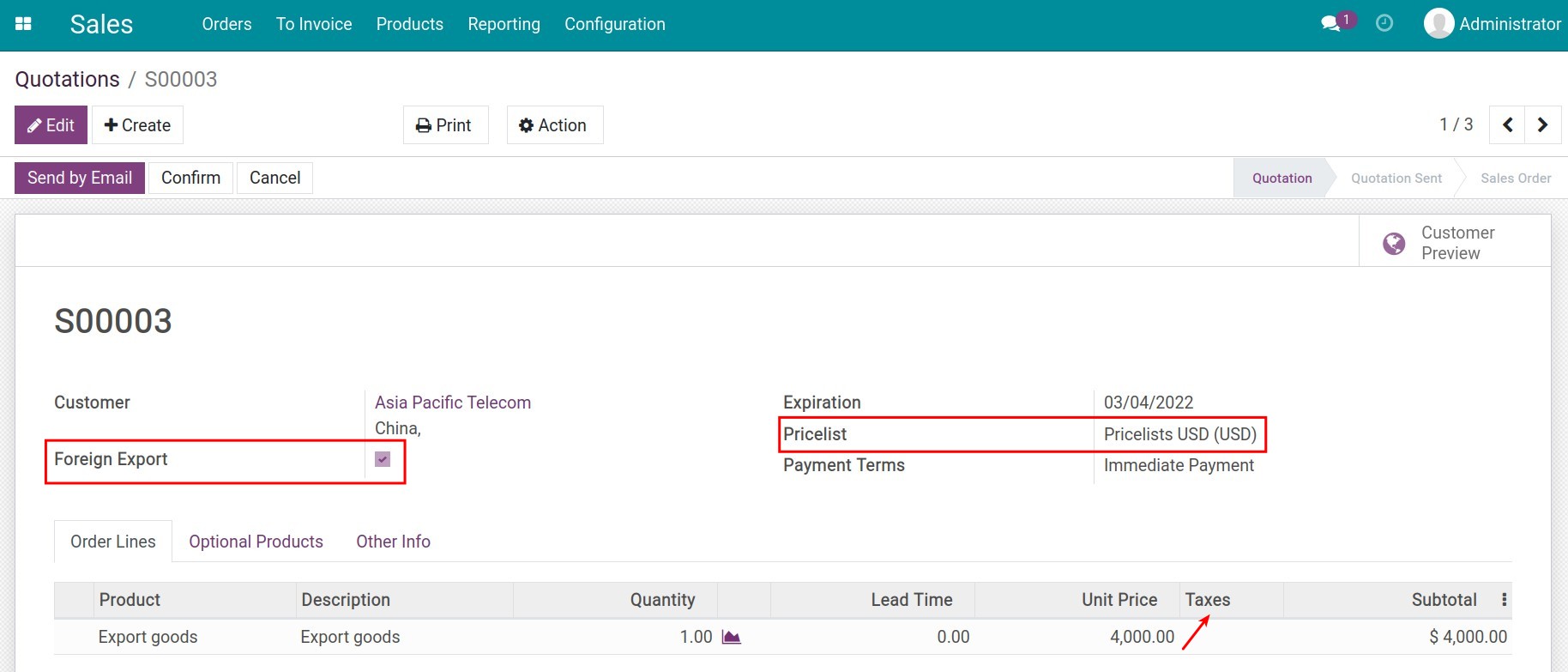 Create export sales order