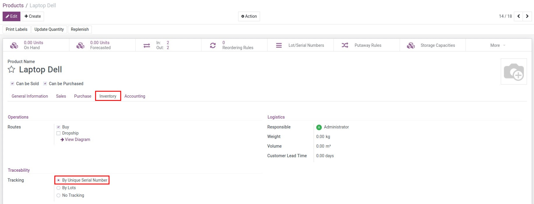 Enable lots/series tracking on the product