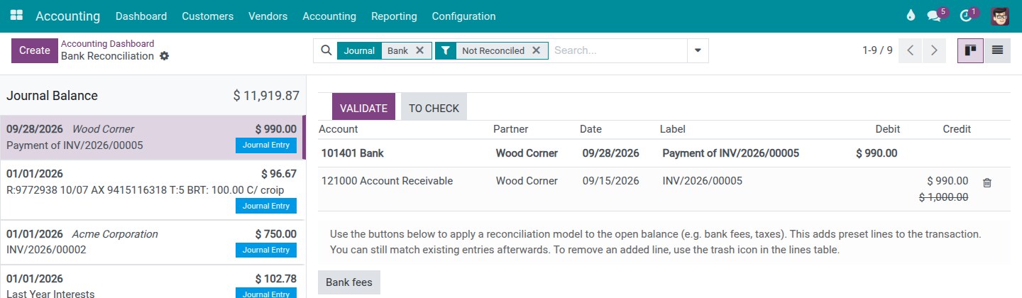 A customer payment opened with its invoice already proposed