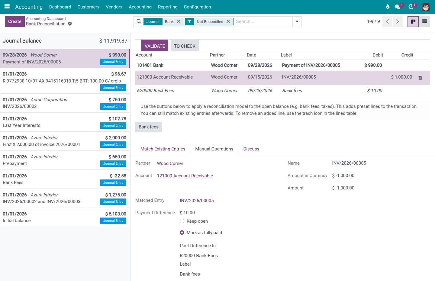 The bank fee posted to the bank fees expense account, the invoice closed in full