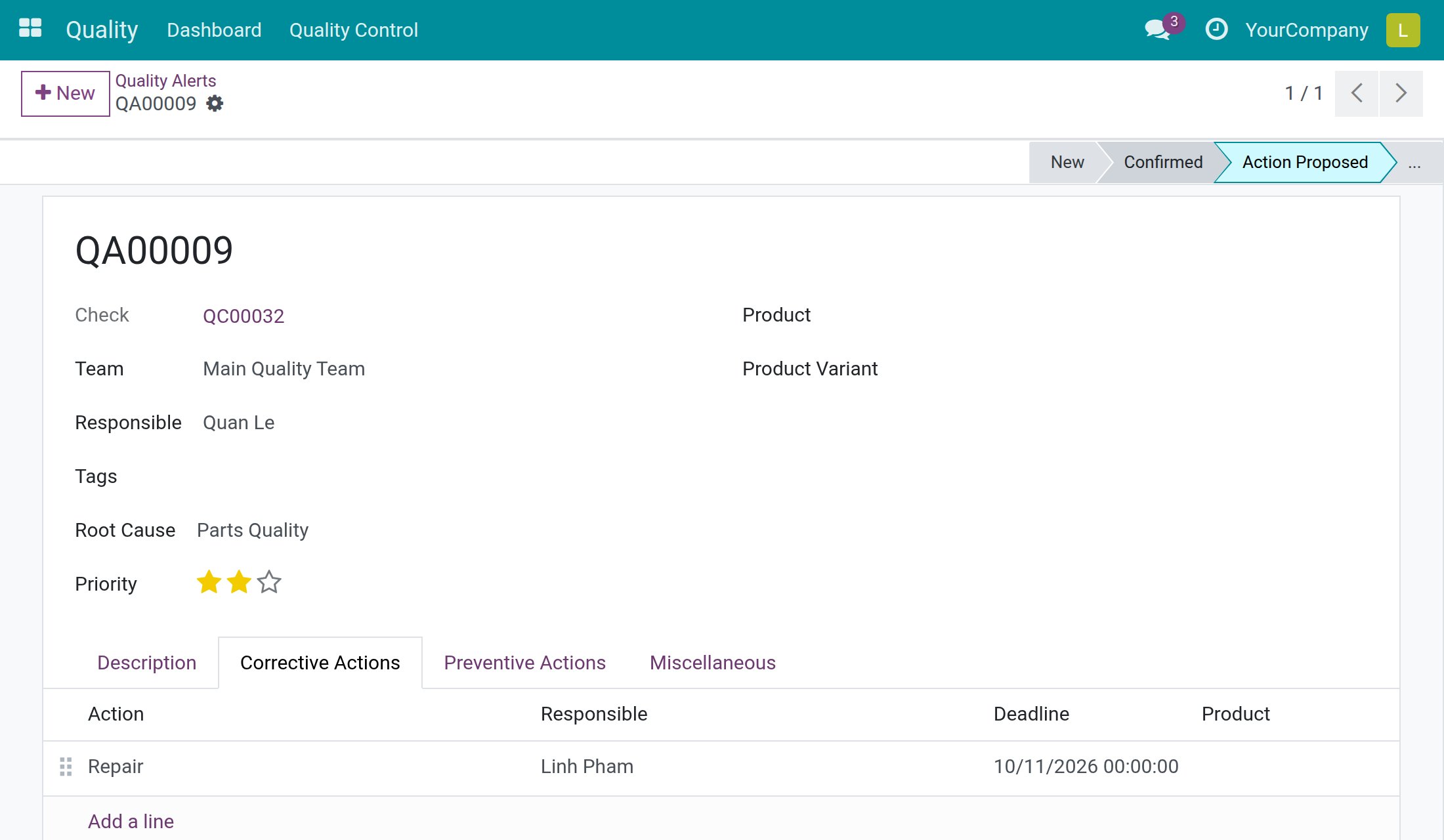 The Corrective Actions tab with one action, its Responsible and its Deadline