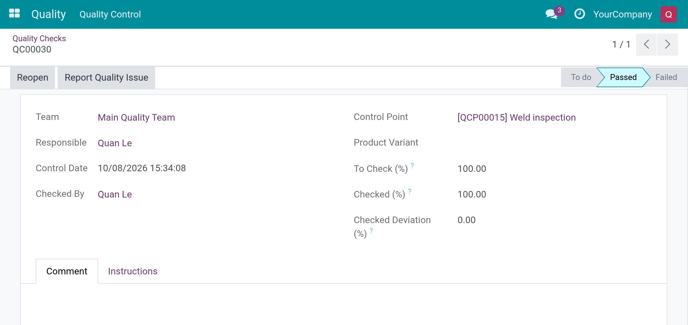 A passed check with the Reopen button