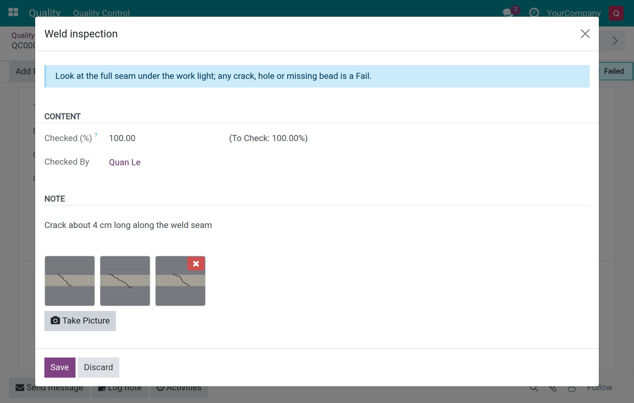 The Add Photos dialog: the photos already saved have no cross, only the new photo can be removed