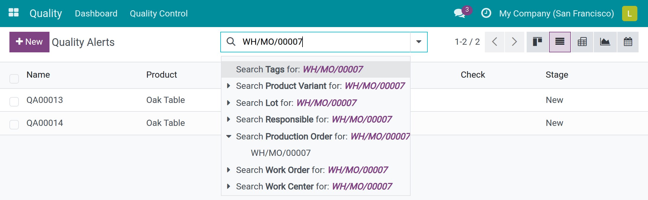 Quality alerts of one manufacturing order, in the New stage